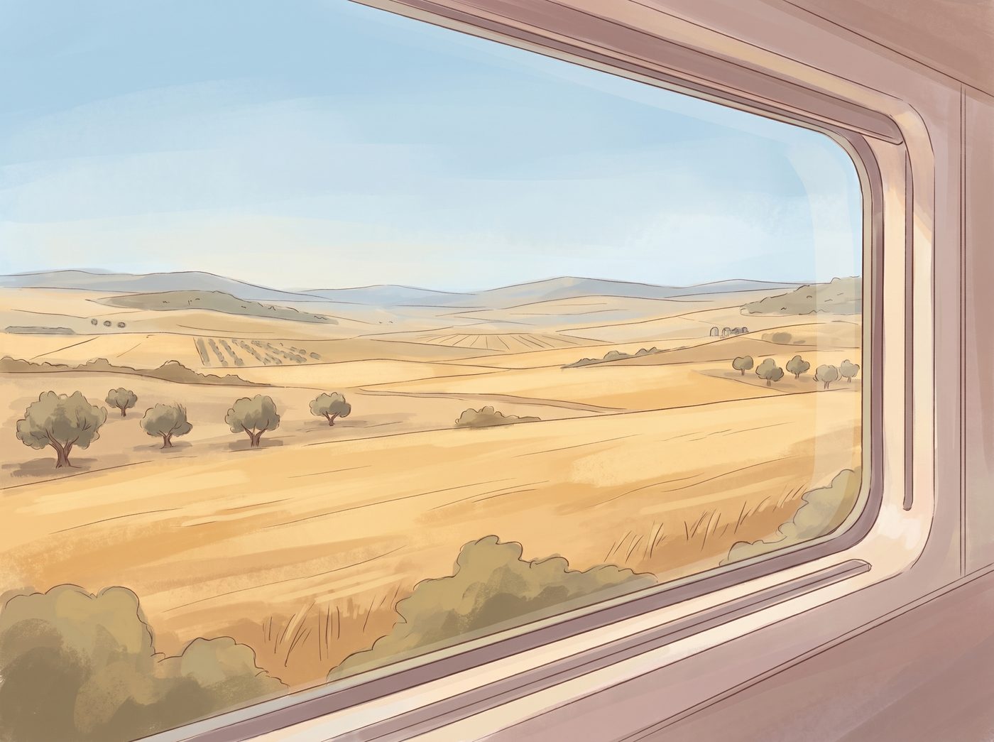 Golden wheat plains of La Mancha seen from the train window